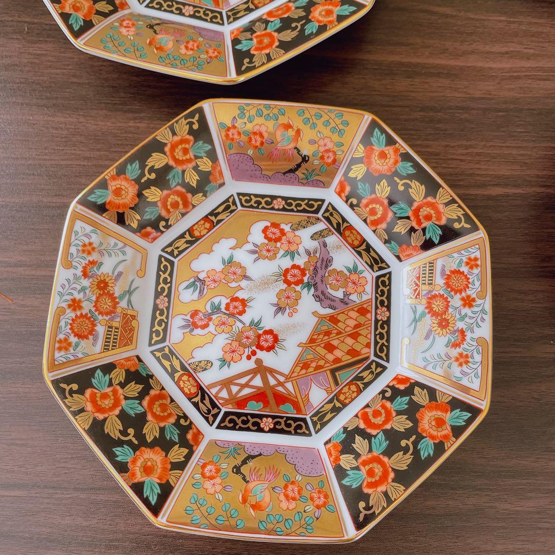 【未使用】　有田焼　青藍窯　古伊万里紋 金蘭手　金彩　八角皿　5枚揃