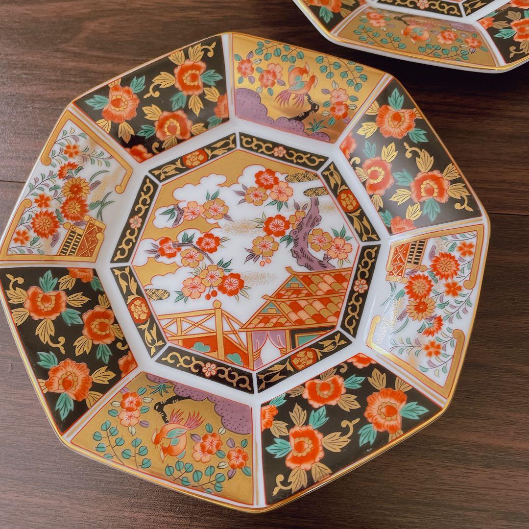 【未使用】　有田焼　青藍窯　古伊万里紋 金蘭手　金彩　八角皿　5枚揃