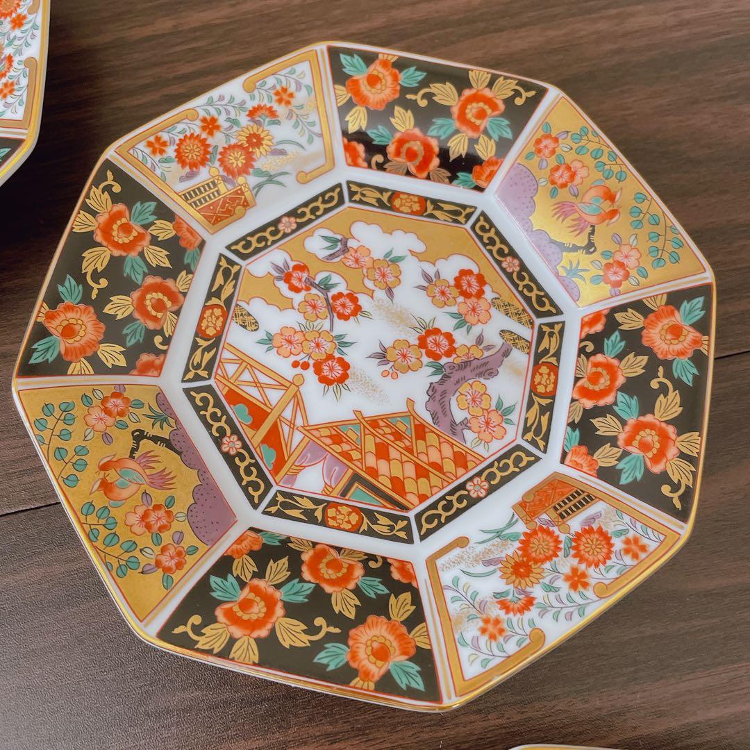 【未使用】　有田焼　青藍窯　古伊万里紋 金蘭手　金彩　八角皿　5枚揃