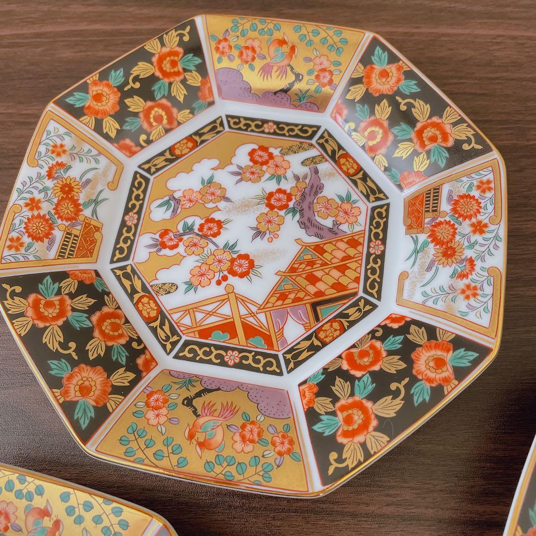 【未使用】　有田焼　青藍窯　古伊万里紋 金蘭手　金彩　八角皿　5枚揃