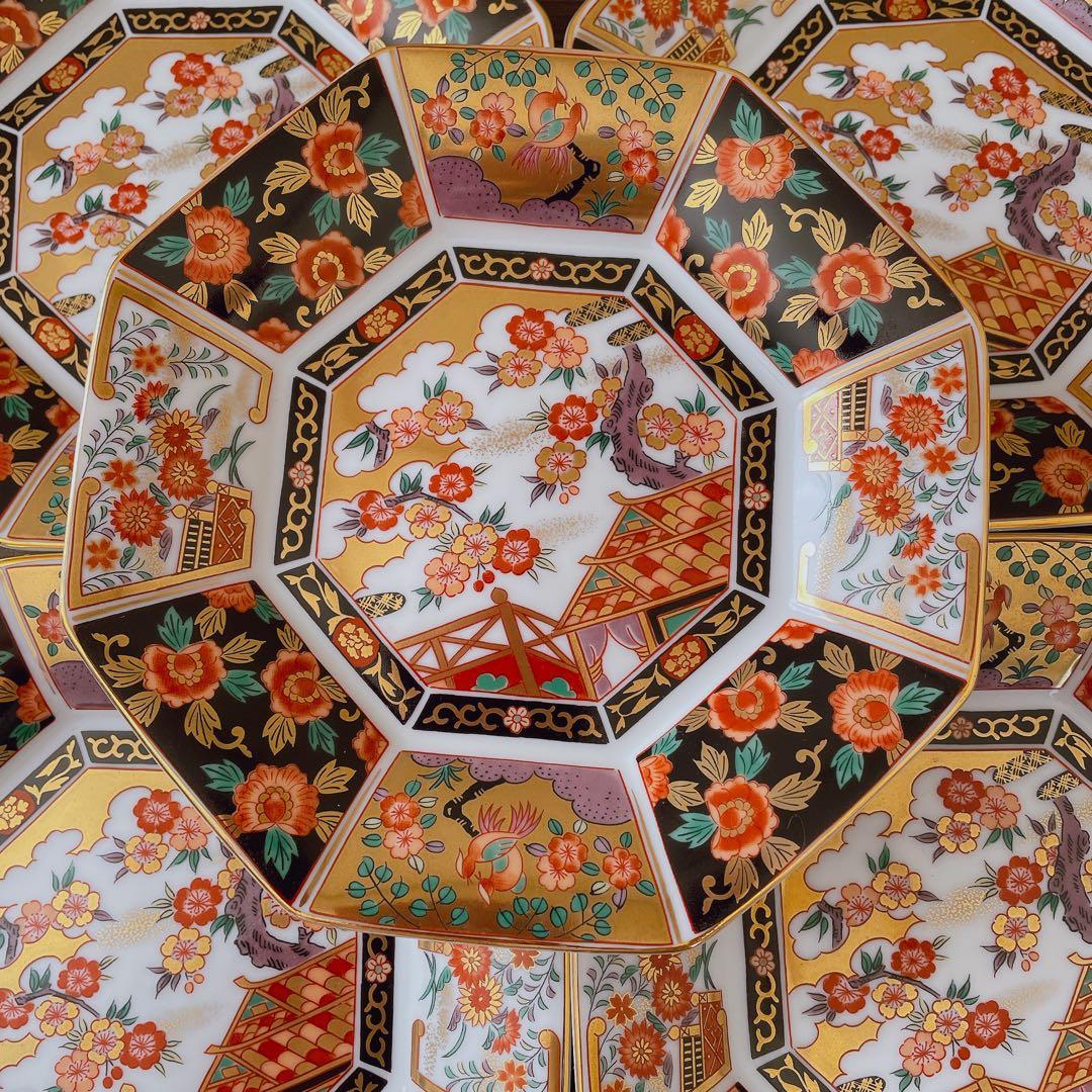 【未使用】　有田焼　青藍窯　古伊万里紋 金蘭手　金彩　八角皿　5枚揃