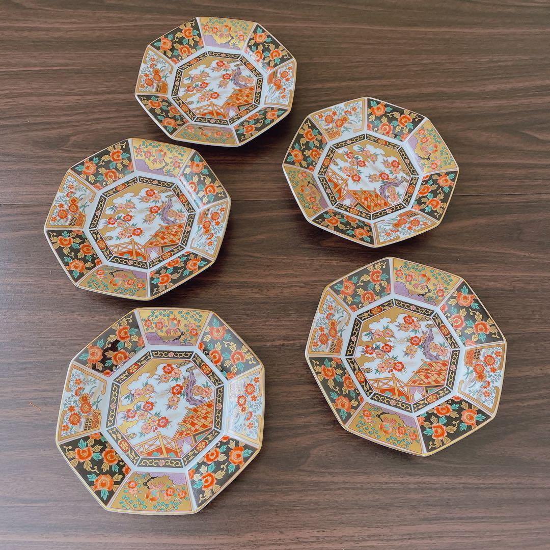 【未使用】　有田焼　青藍窯　古伊万里紋 金蘭手　金彩　八角皿　5枚揃