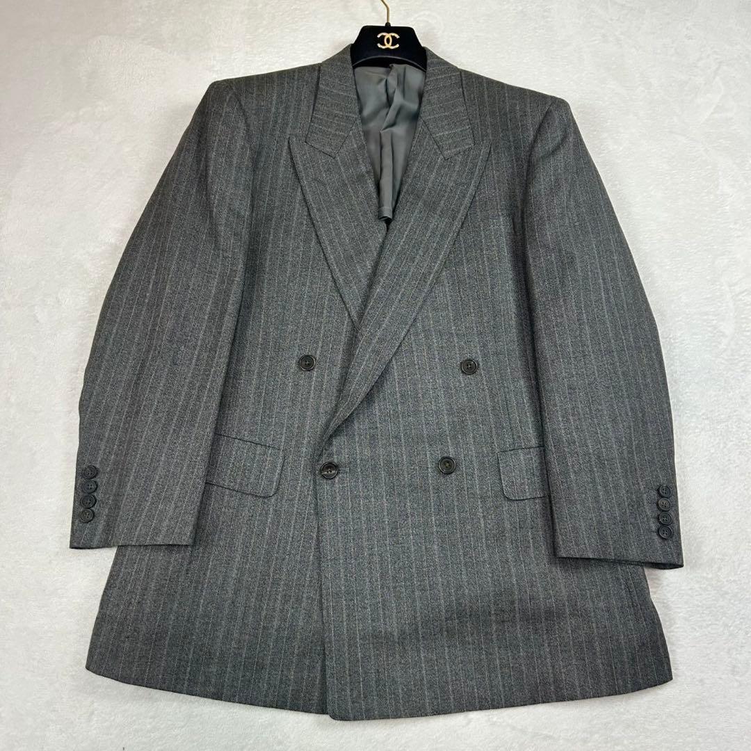 K967 美品 M バーバリー ストライプ柄 ダブル スーツ上下 グレー メンズ