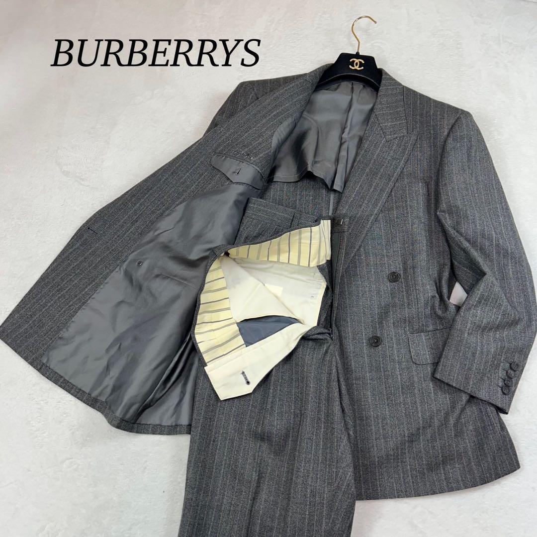 K967 美品 M バーバリー ストライプ柄 ダブル スーツ上下 グレー メンズ