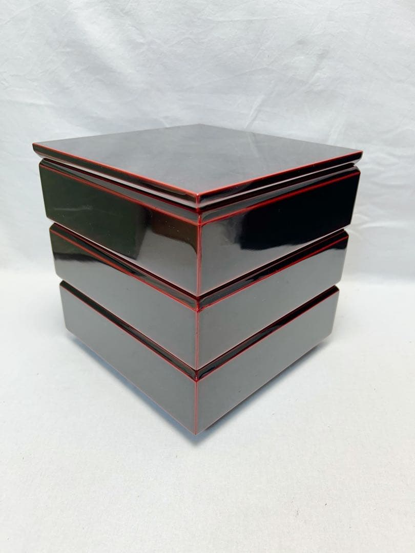 ほぼ未使用 懐石道具 木製溜塗 三段重 内朱 元箱