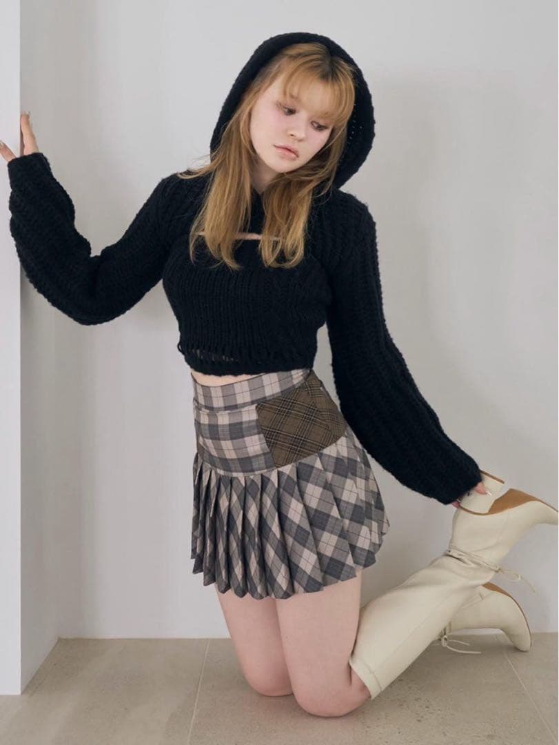 アンドマリー Coco check pleats skirt ピンクベージュ