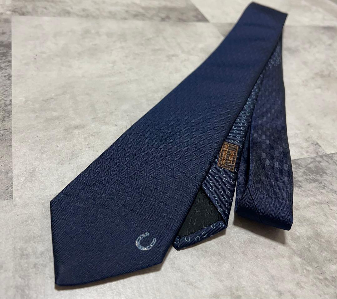 HERMES ネクタイ ハイブランド ソリッド ネイビー 馬蹄刺繍 箱付き