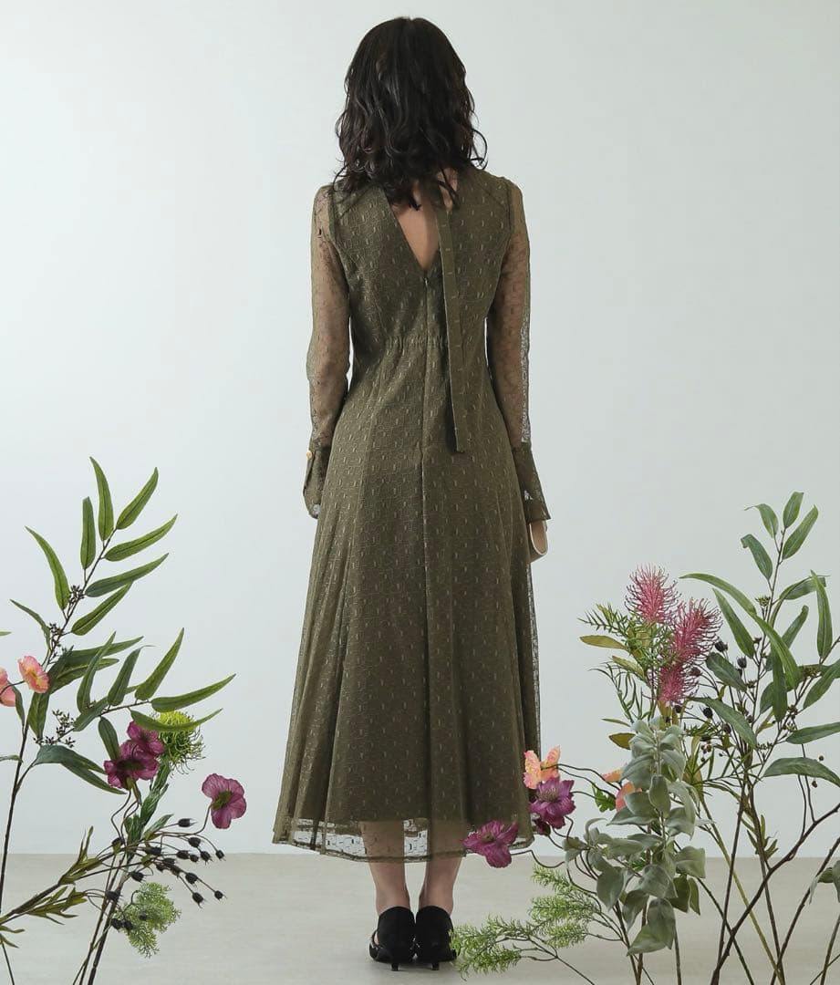 幾何学柄 レース バックオープン ワンピース パーティー 結婚式 お呼ばれ