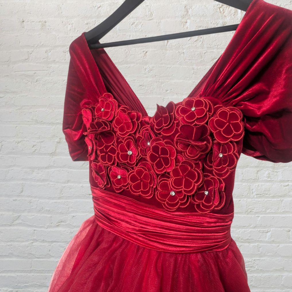 M レッド ミニドレス オフショル フレア Aライン ベロア シフォン ウエスト