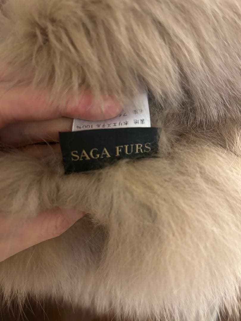 カシミヤケープ　サガファータグ付き　フォックス　フード　キャメル
