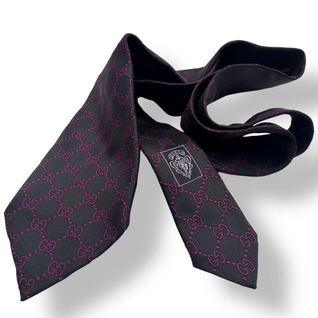 GUCCI グッチ ネクタイ ジャガード 黒 紫 GGパターン 総柄