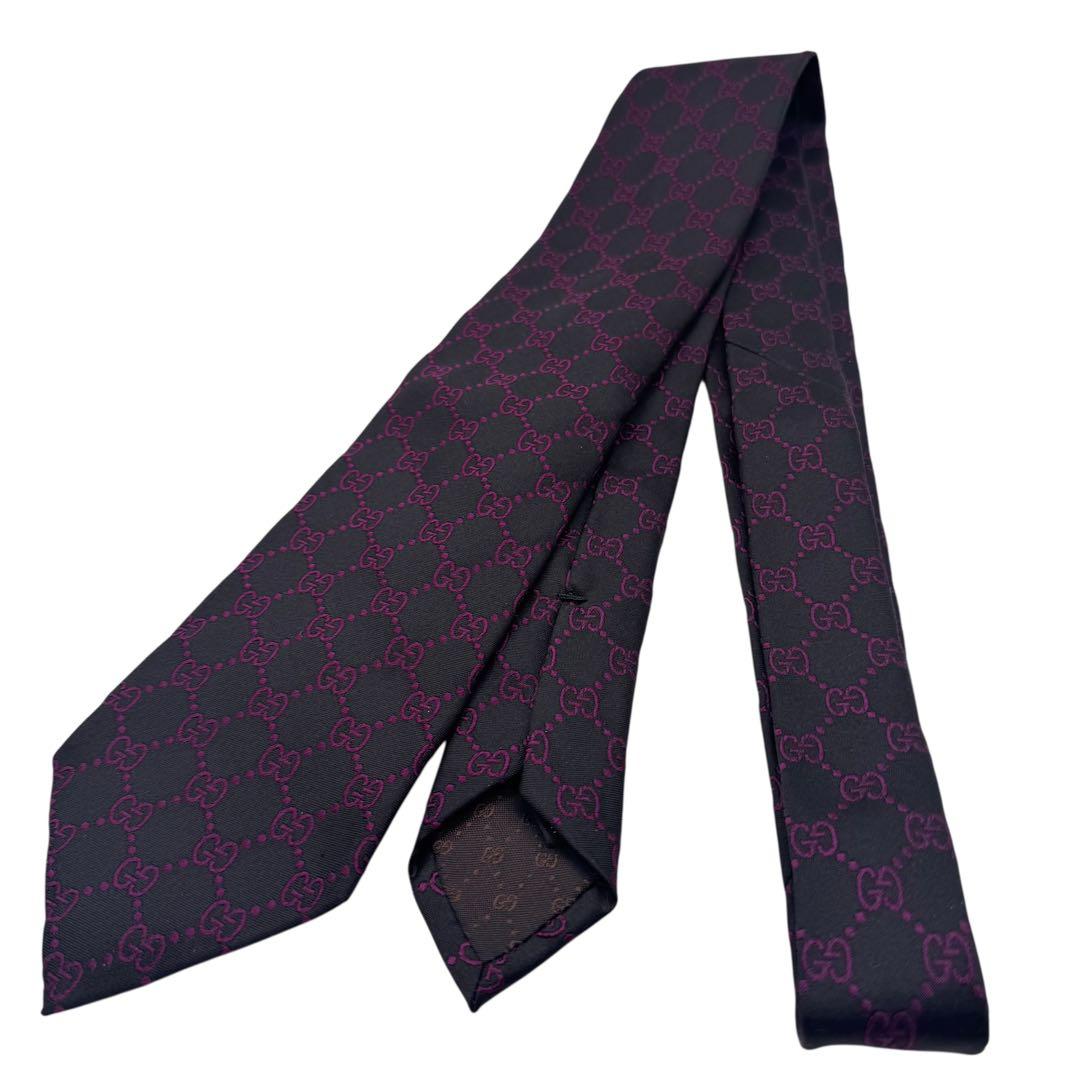 GUCCI グッチ ネクタイ ジャガード 黒 紫 GGパターン 総柄