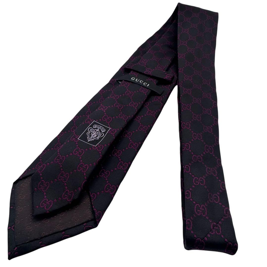 GUCCI グッチ ネクタイ ジャガード 黒 紫 GGパターン 総柄