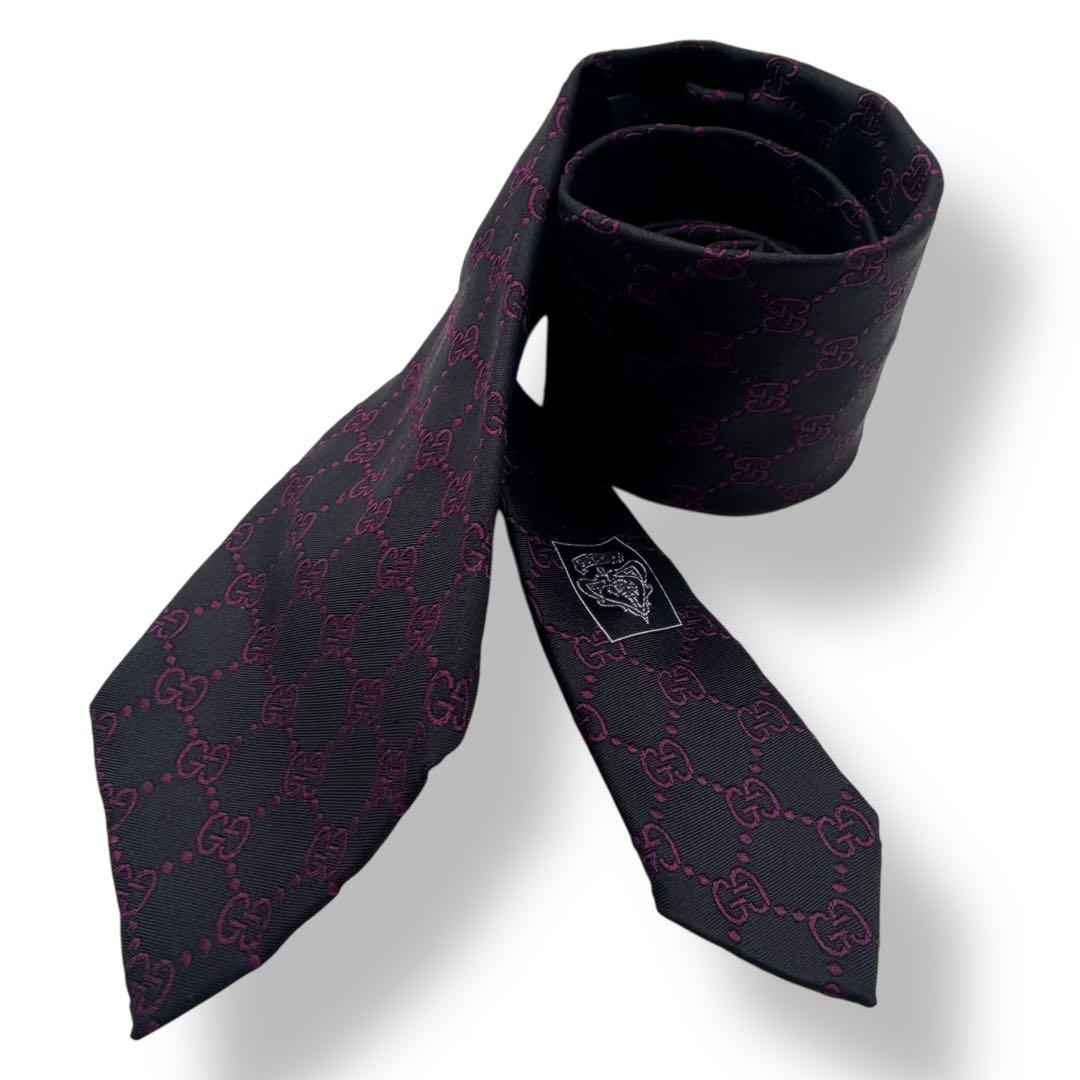 GUCCI グッチ ネクタイ ジャガード 黒 紫 GGパターン 総柄