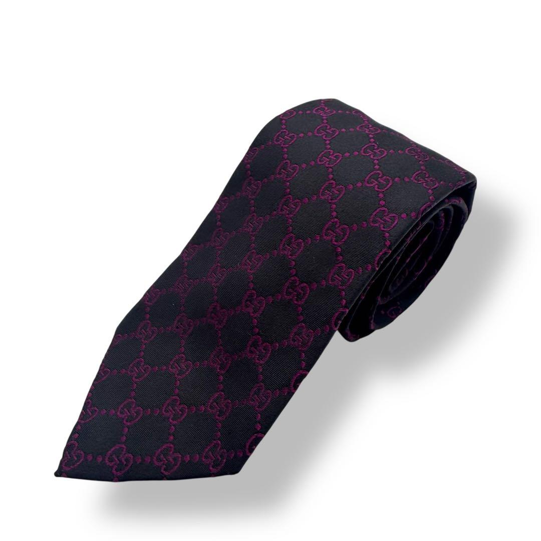 GUCCI グッチ ネクタイ ジャガード 黒 紫 GGパターン 総柄
