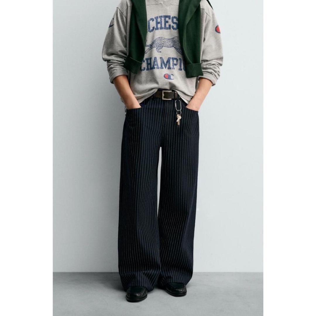 在庫品限りCHAMPION X ZARA ストライプ バギーフィットジーンズ36