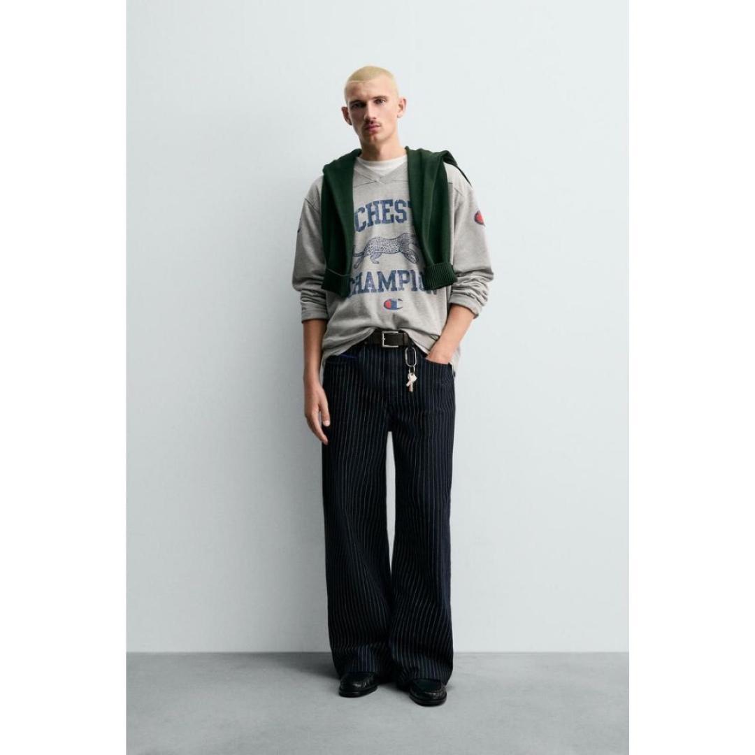 在庫品限りCHAMPION X ZARA ストライプ バギーフィットジーンズ36