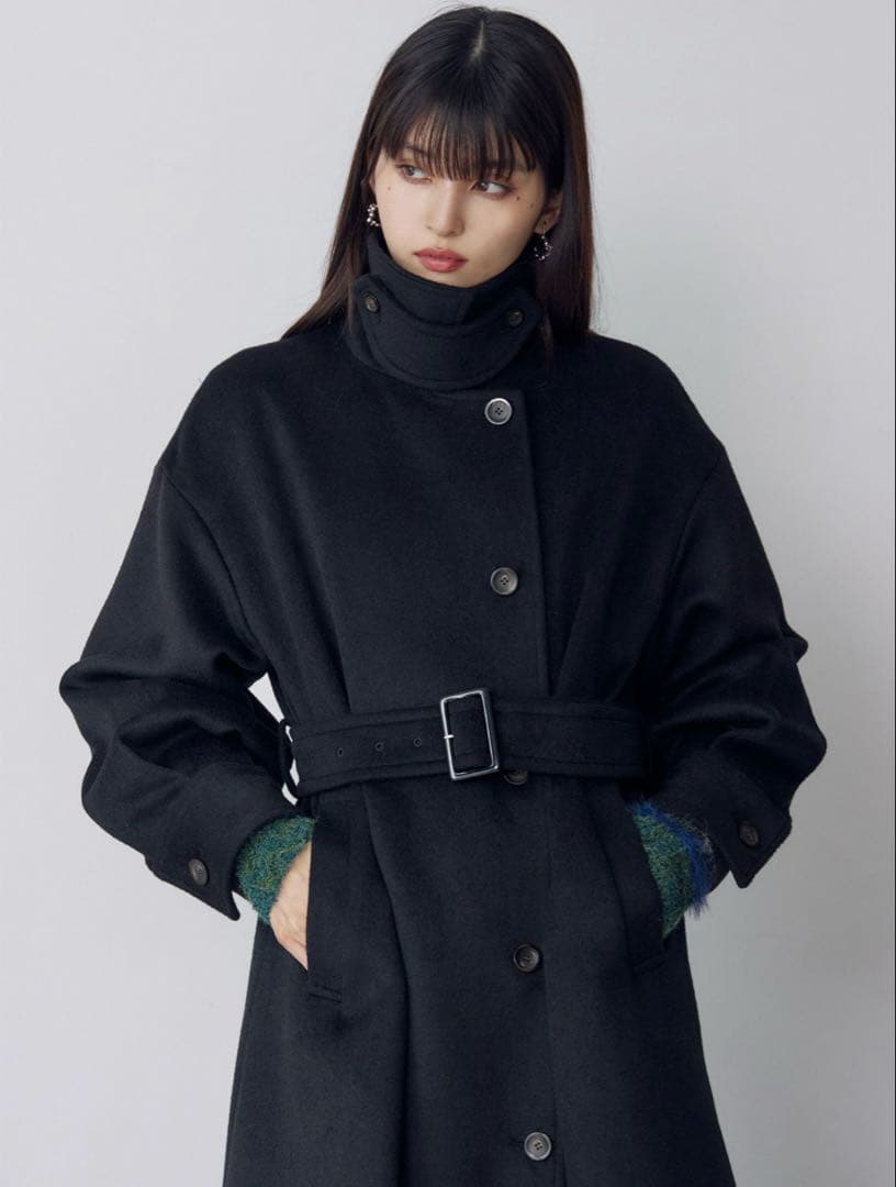 MURUA ムルーア スタンドネックダブルカラーコート ロングコート ブラック