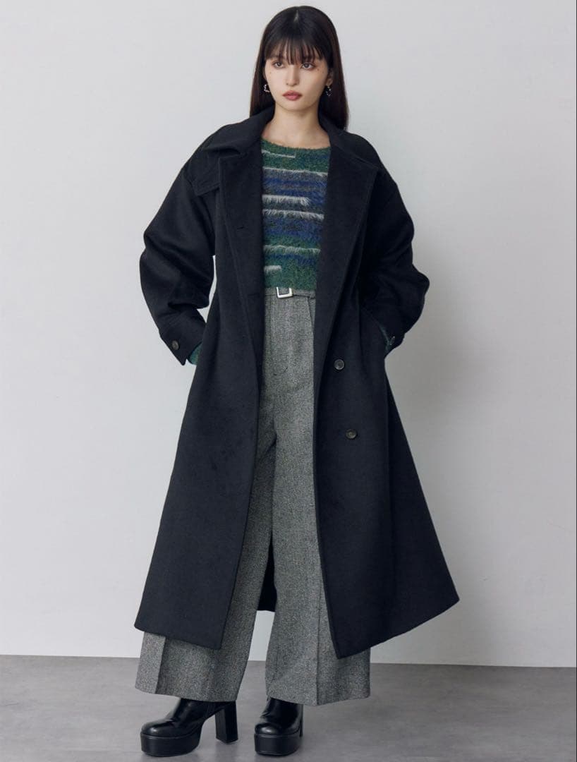 MURUA ムルーア スタンドネックダブルカラーコート ロングコート ブラック