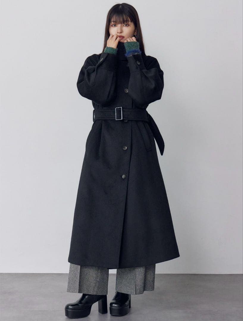 MURUA ムルーア スタンドネックダブルカラーコート ロングコート ブラック