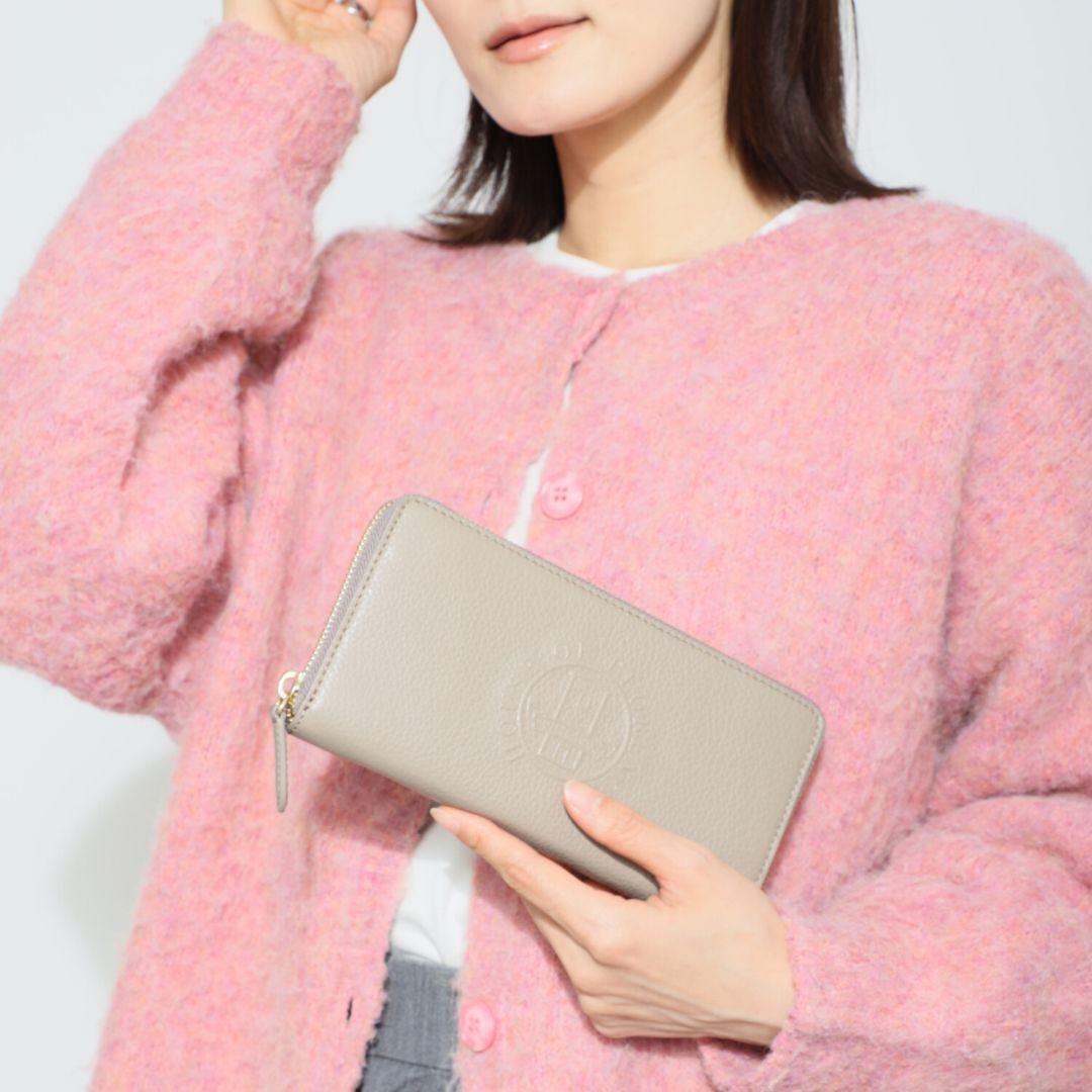 グレー レザー 長財布 エンボスロゴ付き