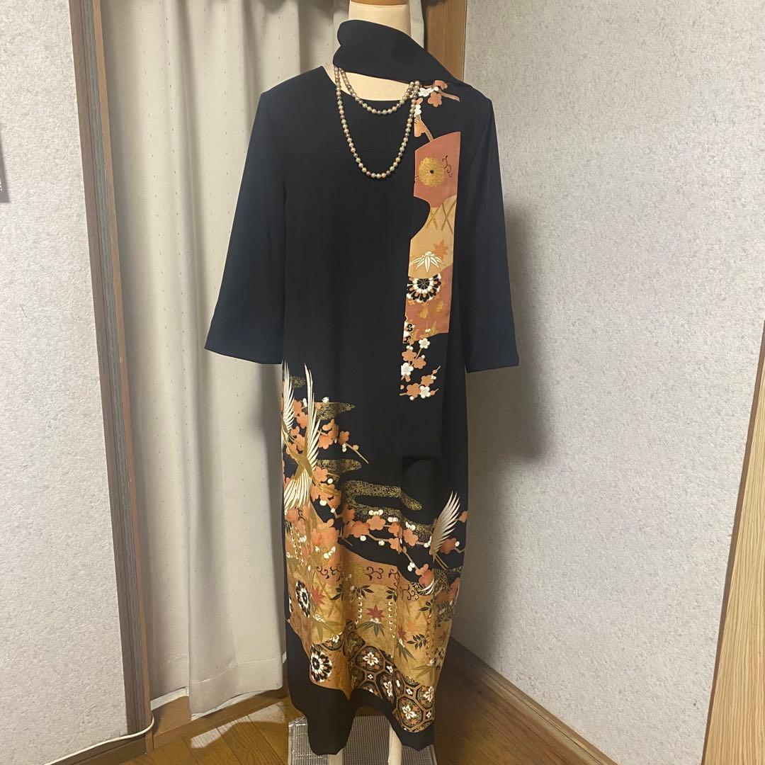 《LL 120cm》黒留袖リメイク ヨーク切り替え 七分袖 シンプルワンピース