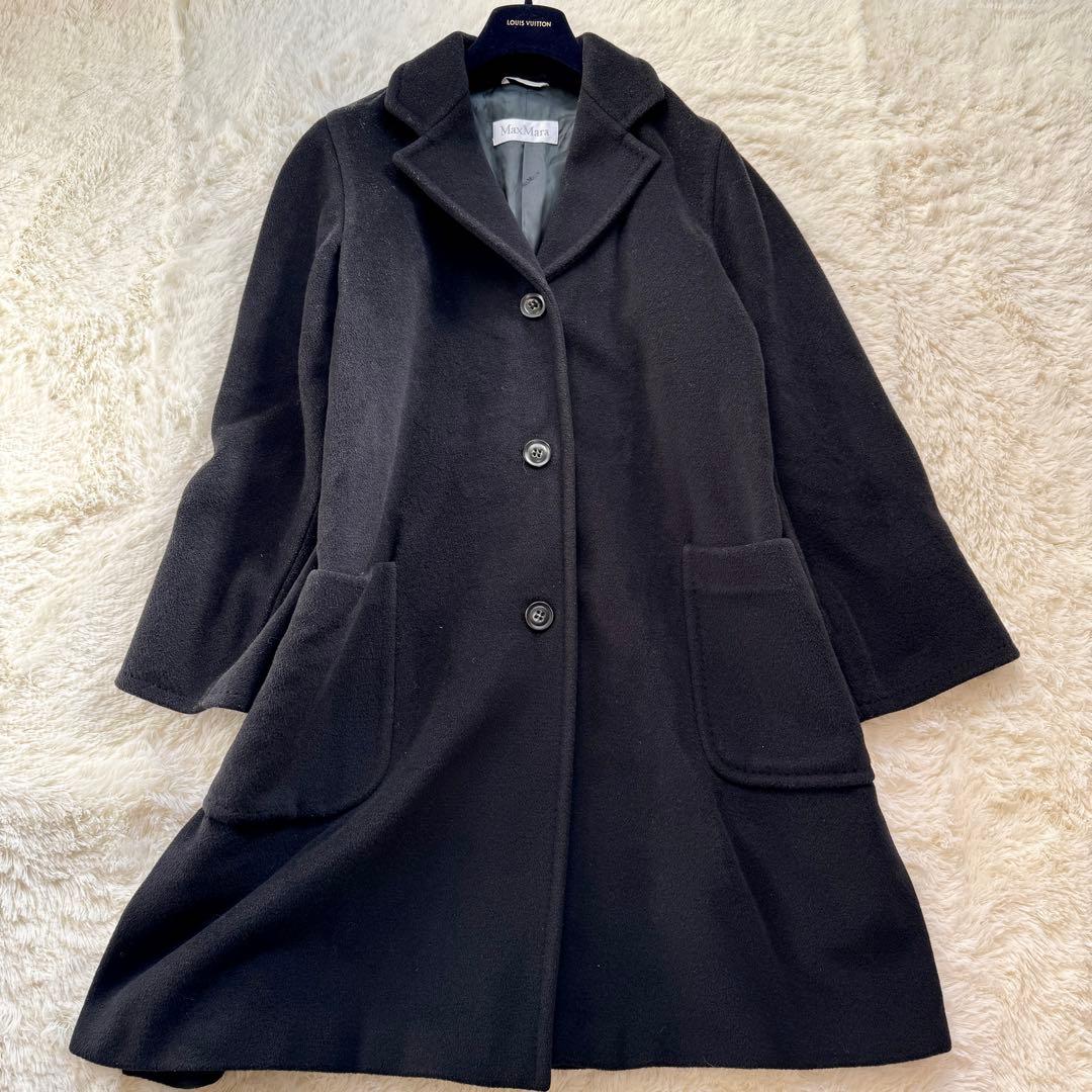 白タグ MaxMara カシミヤ混 ロングコート チェスター ブラック 42