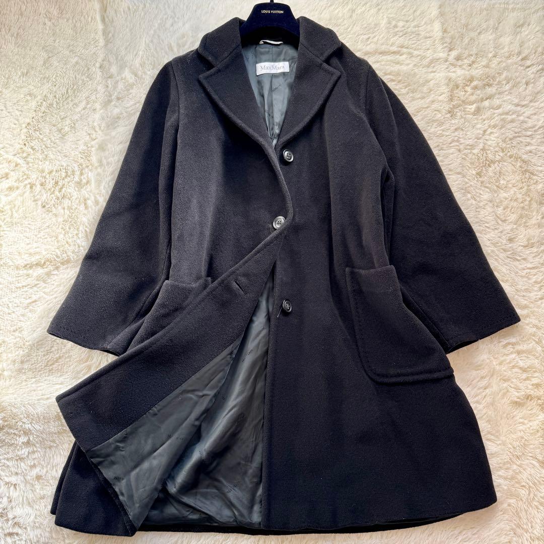 白タグ MaxMara カシミヤ混 ロングコート チェスター ブラック 42