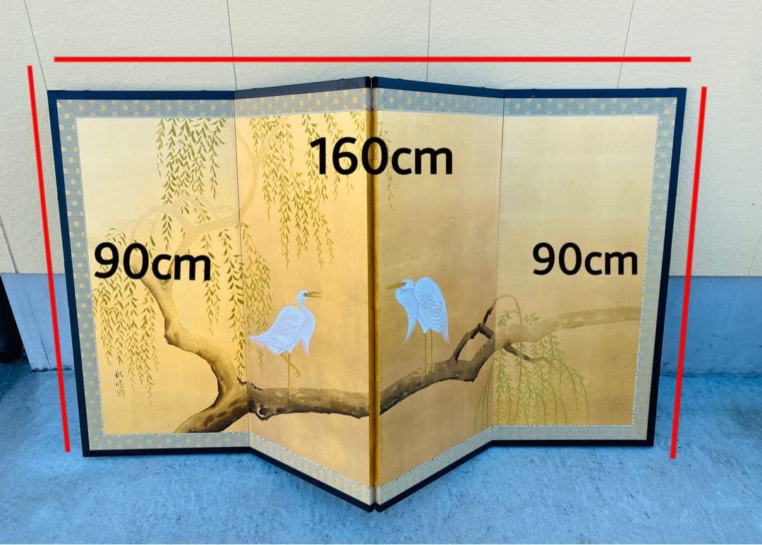 白い鳥と柳の木の屏風 160cm x 90cm