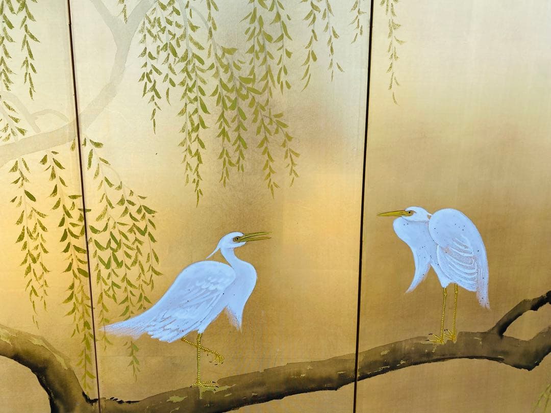 白い鳥と柳の木の屏風 160cm x 90cm