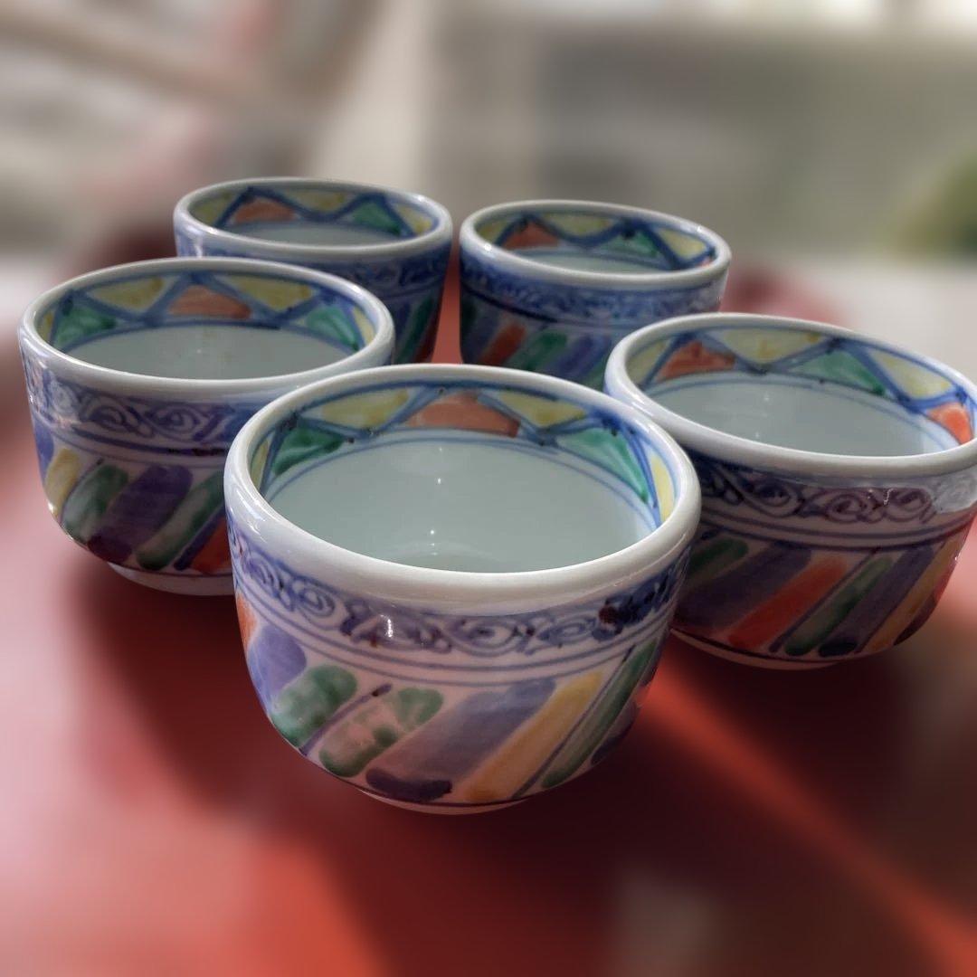 九谷焼　窯元　須田青華　手作り　昭和　5客揃い　（83）