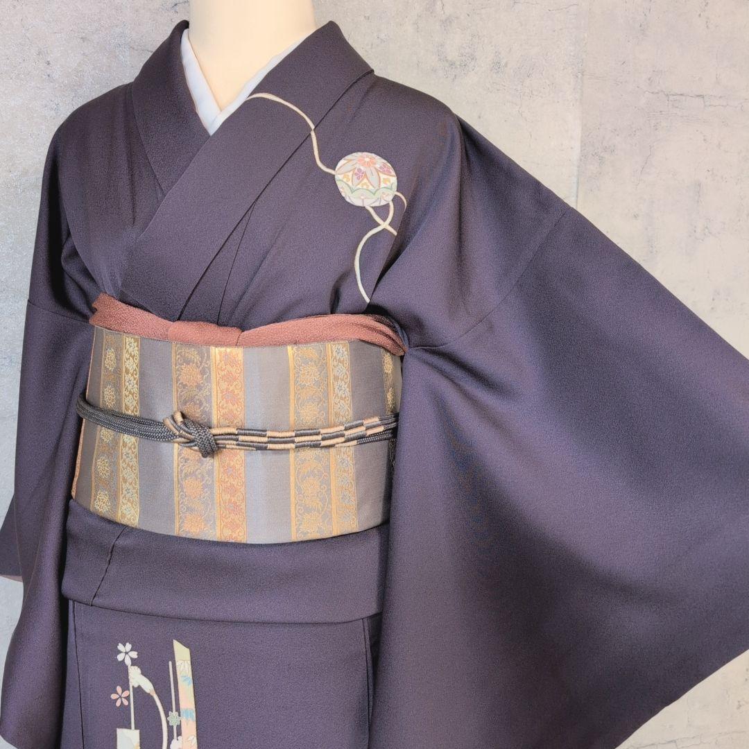 訪問着　フルセット　着物　正絹　暗紫　桜　かっこいい　祝い事　F前