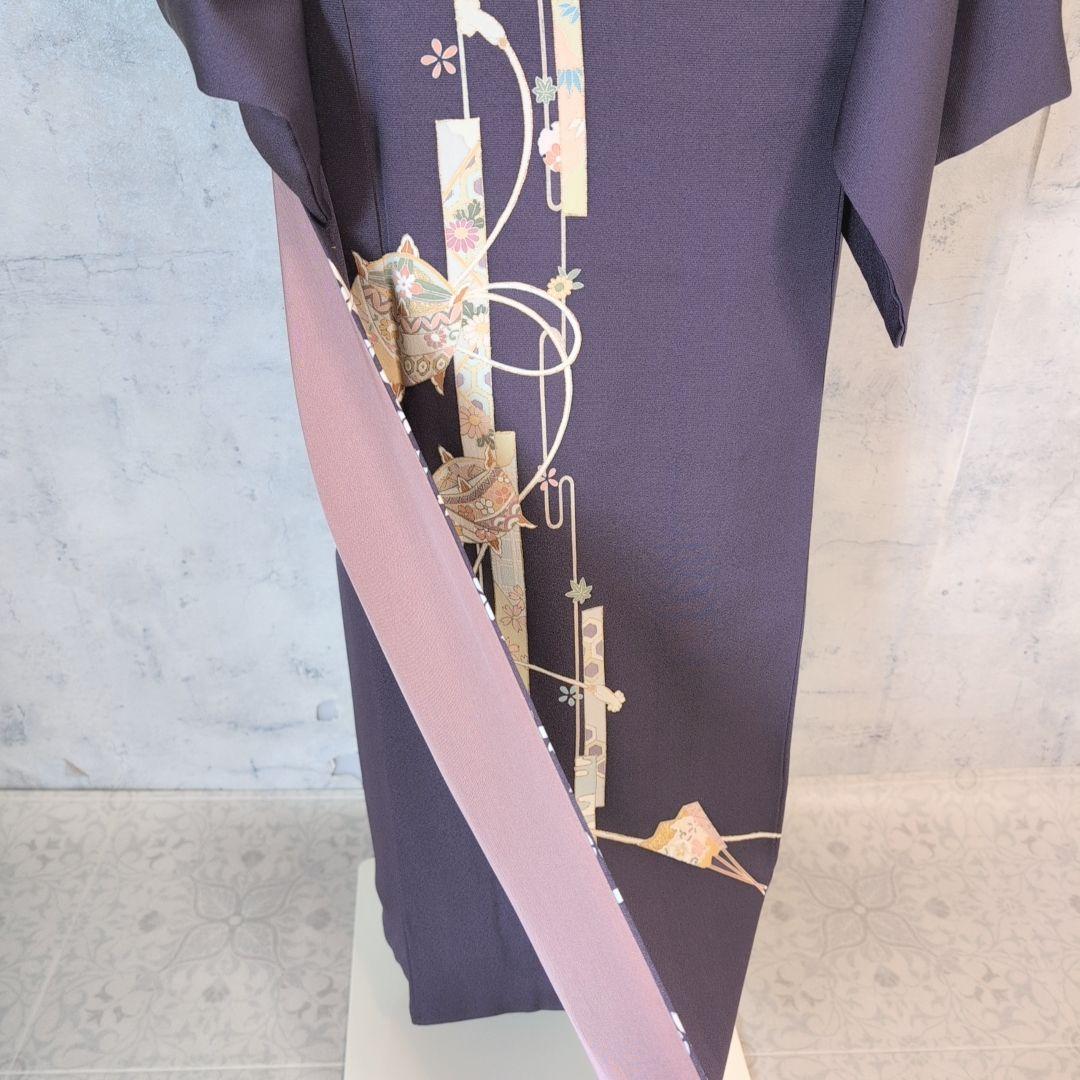 訪問着　フルセット　着物　正絹　暗紫　桜　かっこいい　祝い事　F前