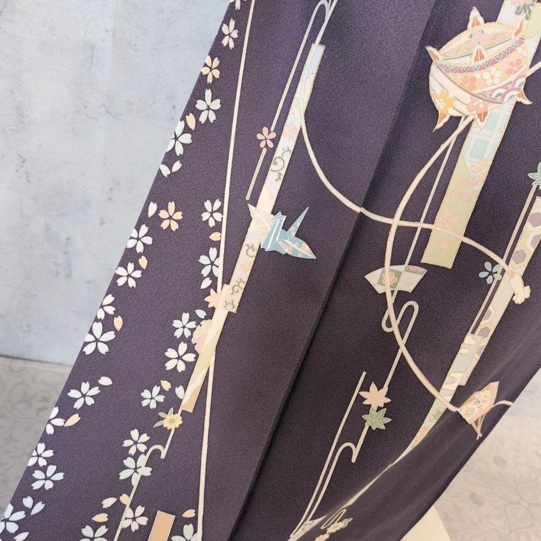 訪問着　フルセット　着物　正絹　暗紫　桜　かっこいい　祝い事　F前
