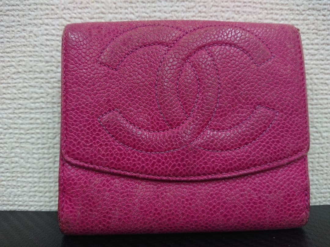 B レア シャネル CHANEL ココマーク キャビアスキン 二つ折り財布