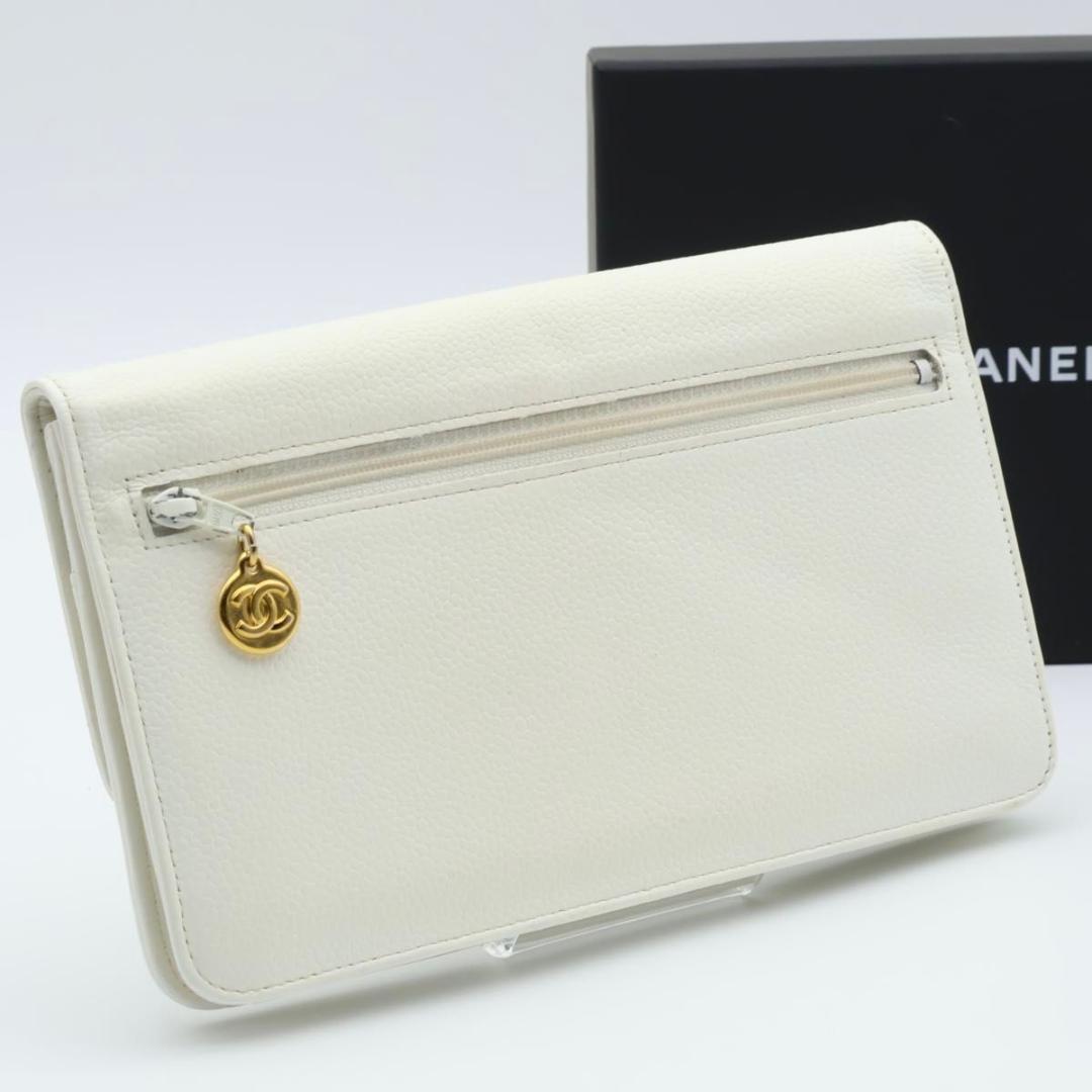 【極美品】CHANEL デカココ　フラップ長財布　キャビアスキン　白