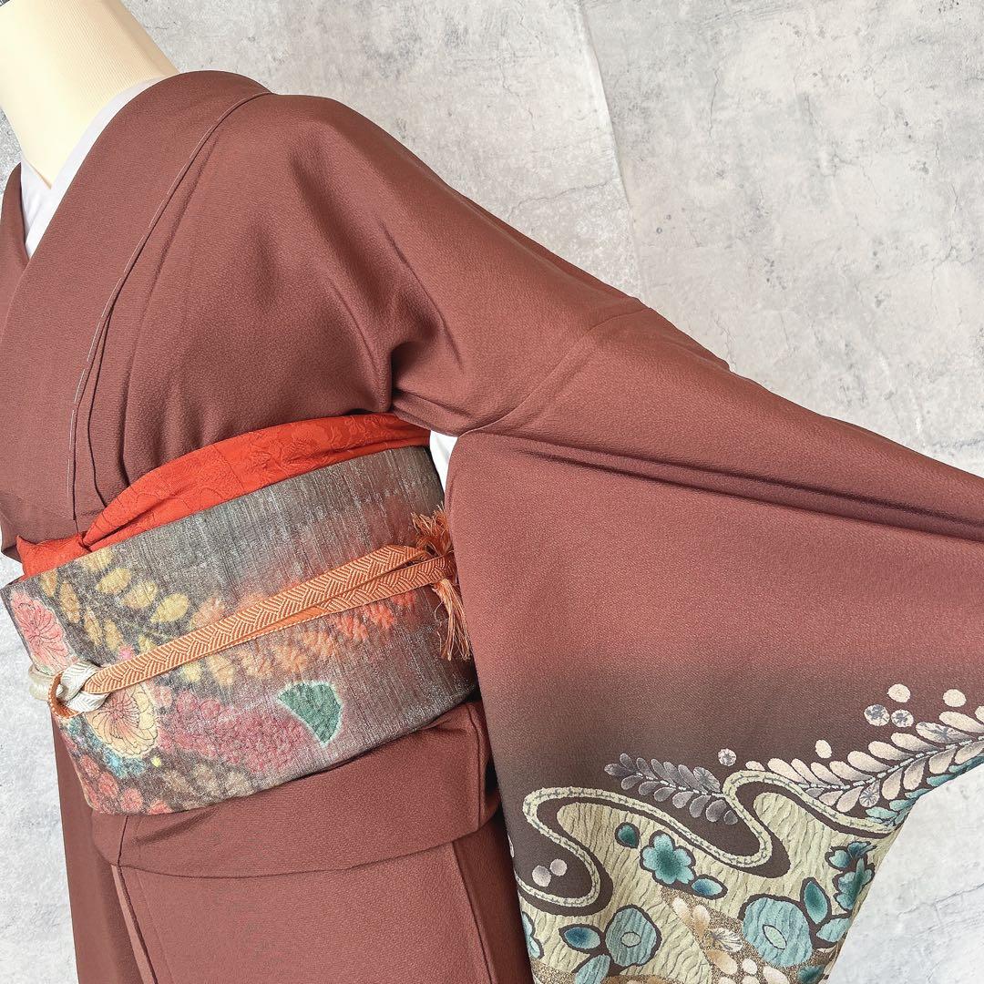 訪問着のみ　辻が花　ヤマト謹製　着物　正絹　茶色　裄丈68cm