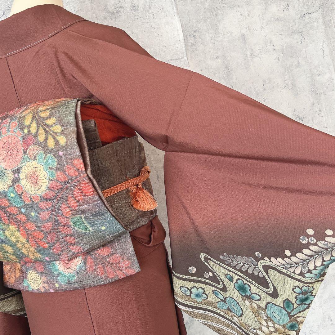 訪問着のみ　辻が花　ヤマト謹製　着物　正絹　茶色　裄丈68cm