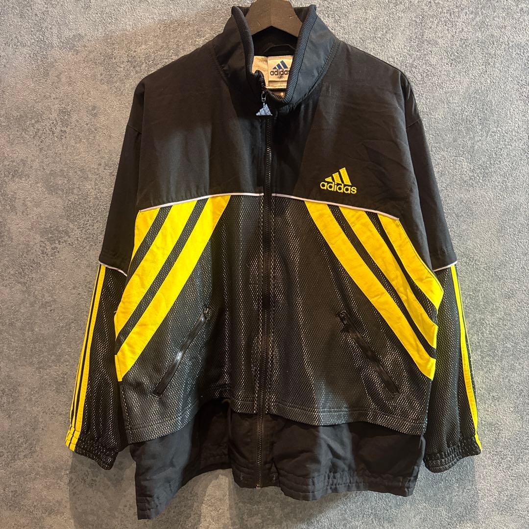 オールドadidas ストライプナイロンジャケット 黒/黄色M J81
