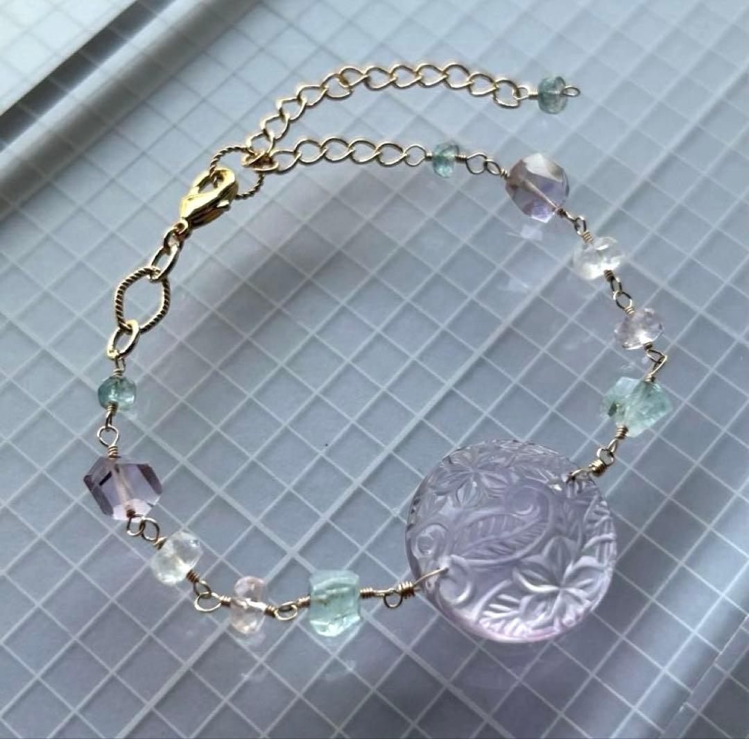 専用❣️ピンクアメジストプルメリアカービング＆アクアマリンとモルガナイトのブレス他