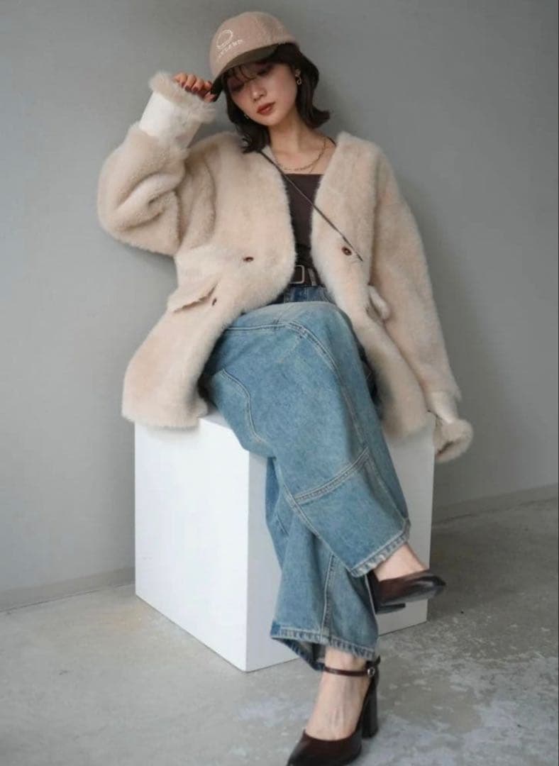 未使用品☆Lumierバッグ付エコファーノーカラーコート/beige