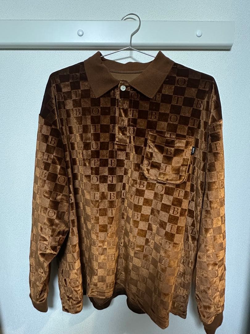 BOTT チェッカーボードベロアポロ 長袖 ブラウン