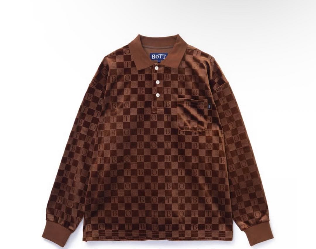 BOTT チェッカーボードベロアポロ 長袖 ブラウン