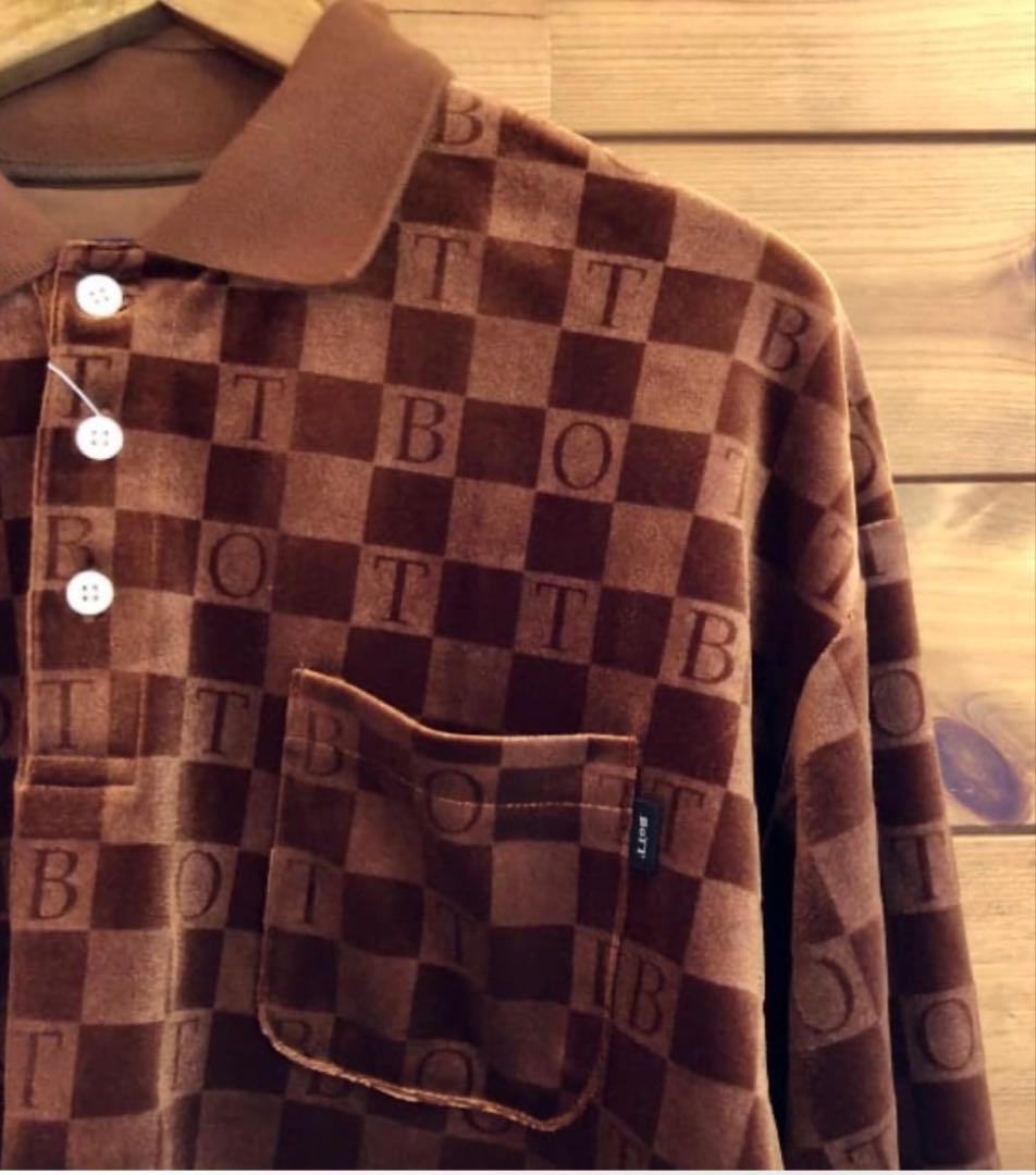 BOTT チェッカーボードベロアポロ 長袖 ブラウン