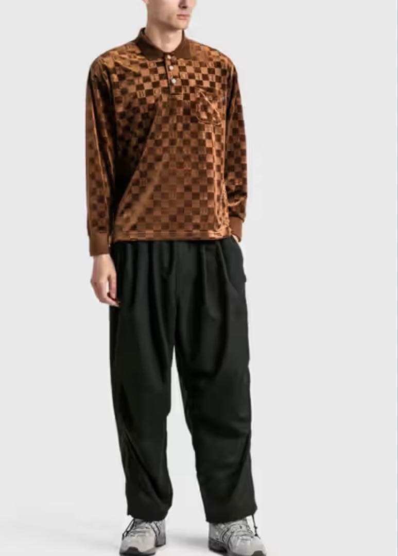 BOTT チェッカーボードベロアポロ 長袖 ブラウン