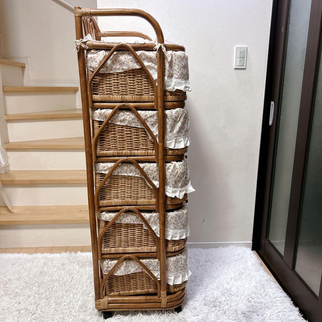 ラタンチェスト 5段 籐家具 ビンテージ キャビネット収納 ラタン キャスター付