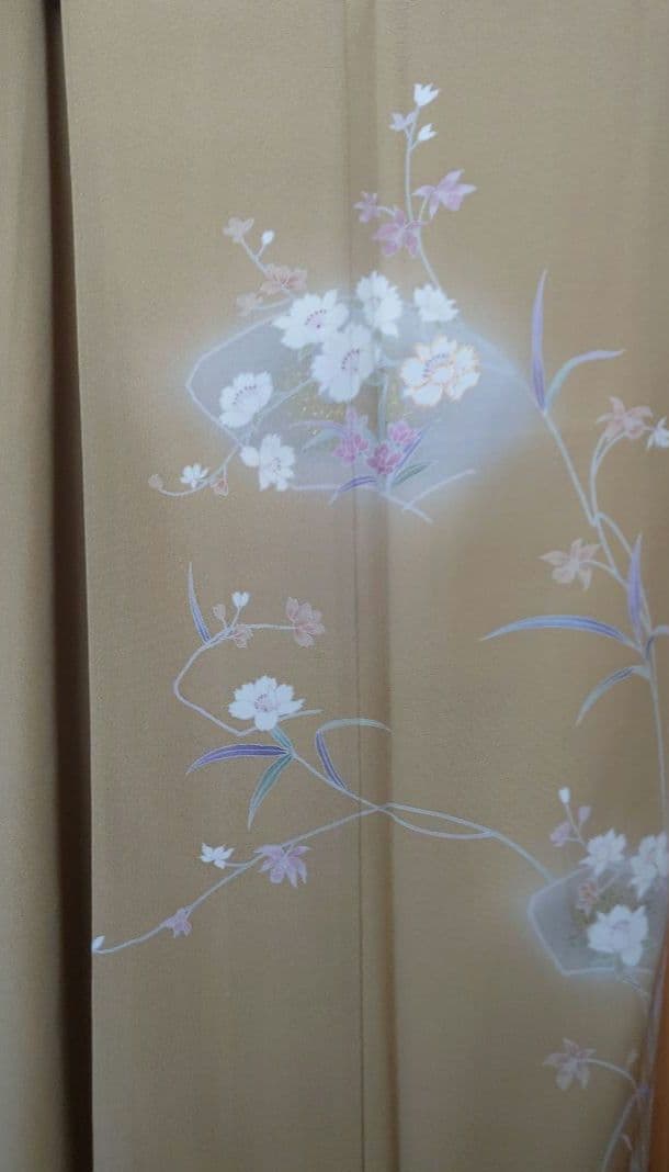 【美品】付下げフルセット　正絹　袷　草花文様　駒刺繍　お太鼓柄袋帯