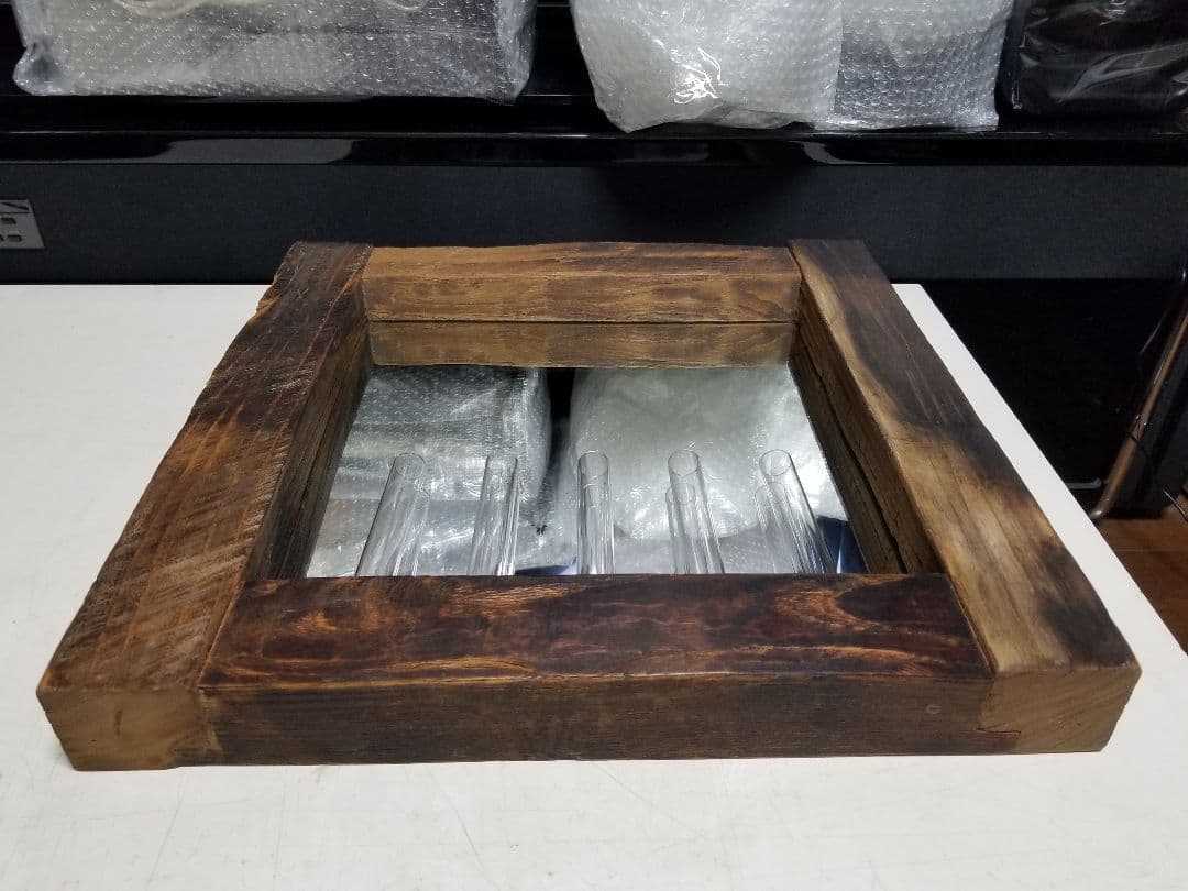 古木材　無垢　オールド　エルム　楡の木　ガラス管　ウォール　ミラー　壁掛け　鏡