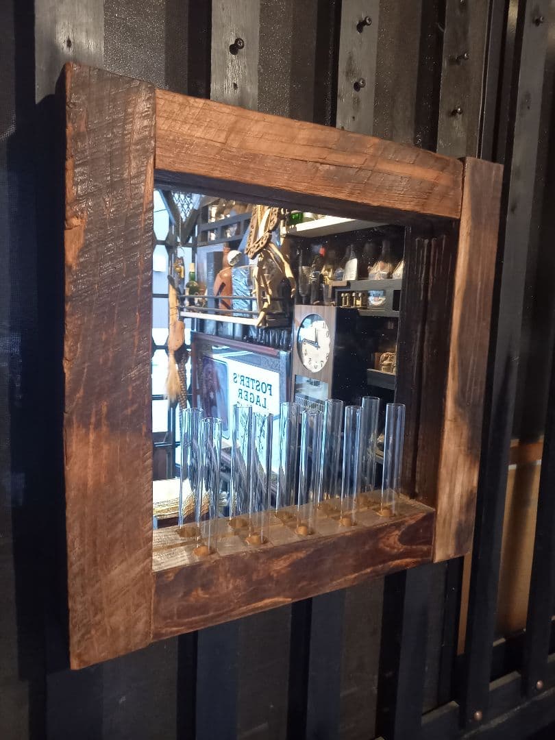 古木材　無垢　オールド　エルム　楡の木　ガラス管　ウォール　ミラー　壁掛け　鏡