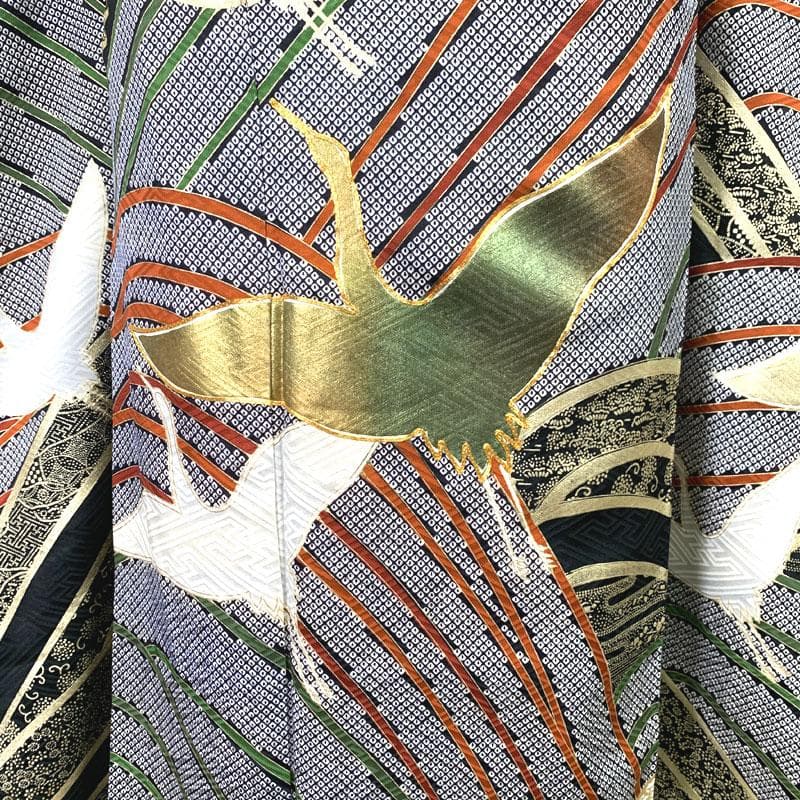 508z12.507u9 〇古典柄 振袖 金駒刺繍 金彩 地紋 鶴 波〇美品